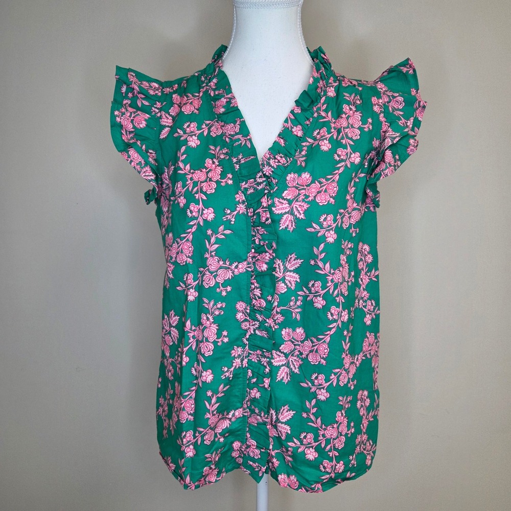 J. Crew Womens Green Pink Floral Ruffle Flutter Sleeve Cotton Blouse‎ Top Small